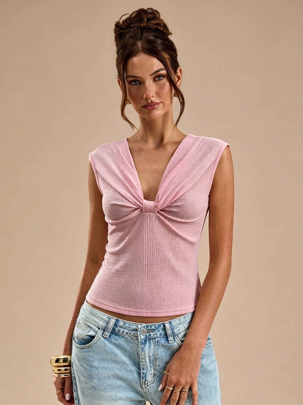 ZARA Summer Twist Knot Sleeveless Top Textured Slim Fit